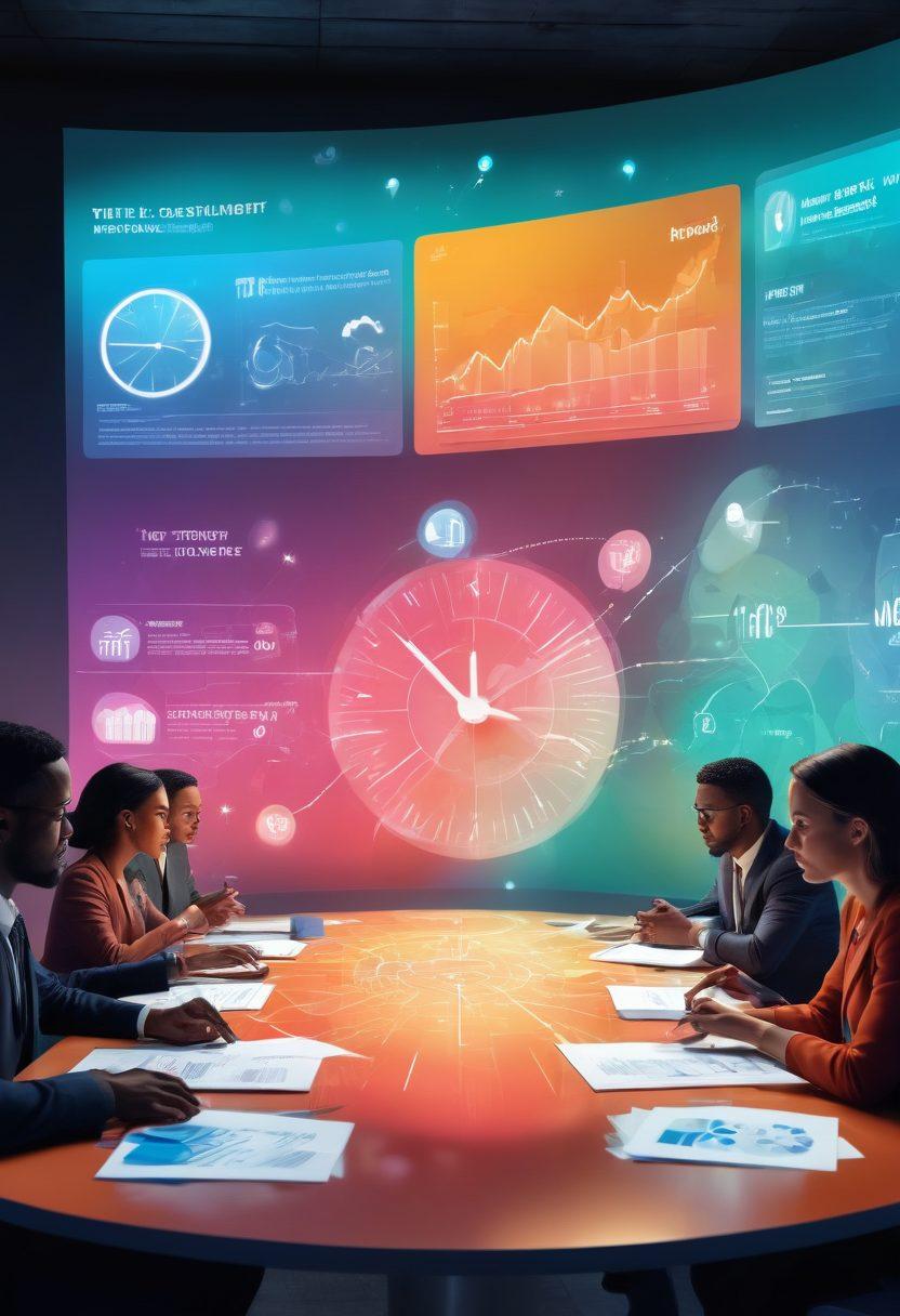 A dynamic scene depicting a diverse group of people discussing consumer insights around a large table, with projections of market trends and graphs overlaying the environment. In the background, vibrant speech bubbles with varying public opinions create a visual effect of influence, while a clock symbolizes the fast-paced market shifts. The atmosphere is energetic and collaborative. vibrant colors. 3D.