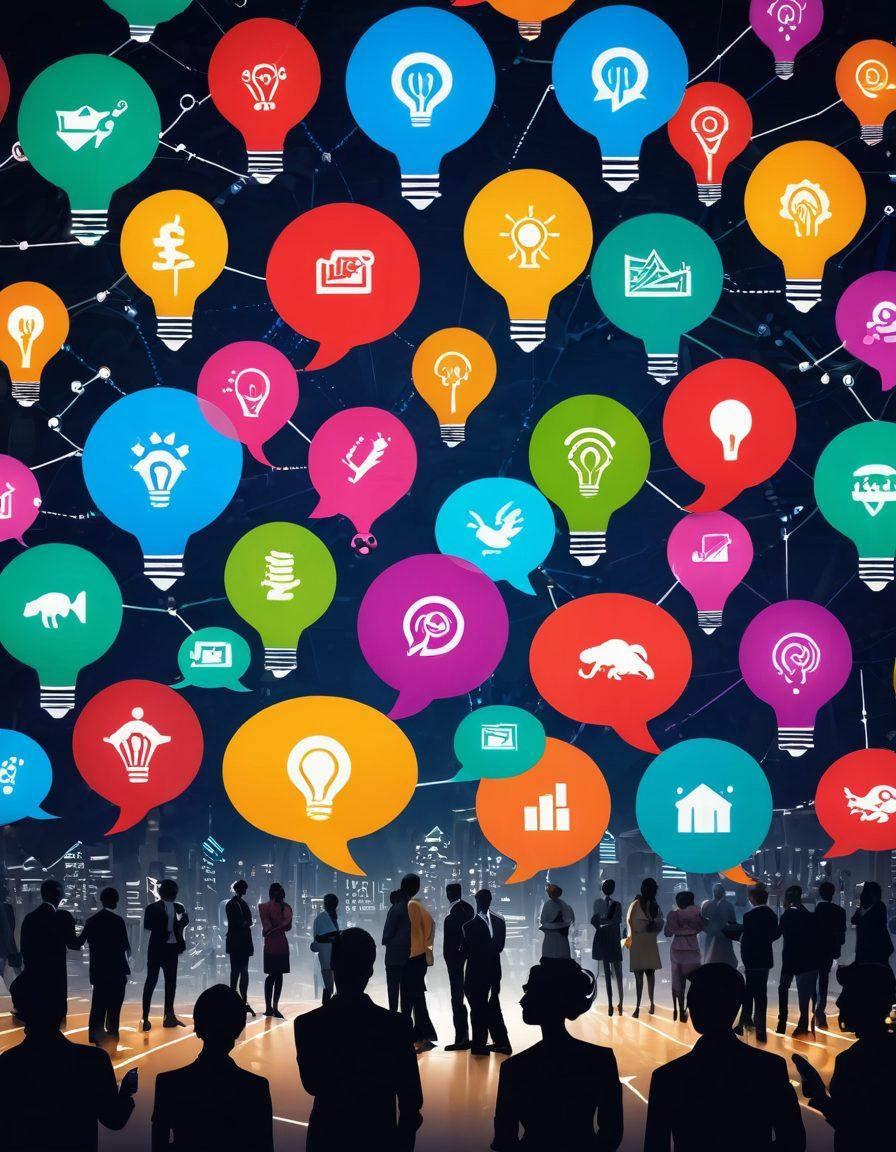 A visually striking collage featuring a diverse group of people sharing their opinions, surrounded by abstract graphs and charts representing market trends. Incorporate thought bubbles filled with various symbols like light bulbs and dollar signs. The background should be dynamic with vibrant colors, reflecting energy and diversity in market insights. Use a modern, high-tech feel to convey digital communication. super-realistic. vibrant colors. 3D.